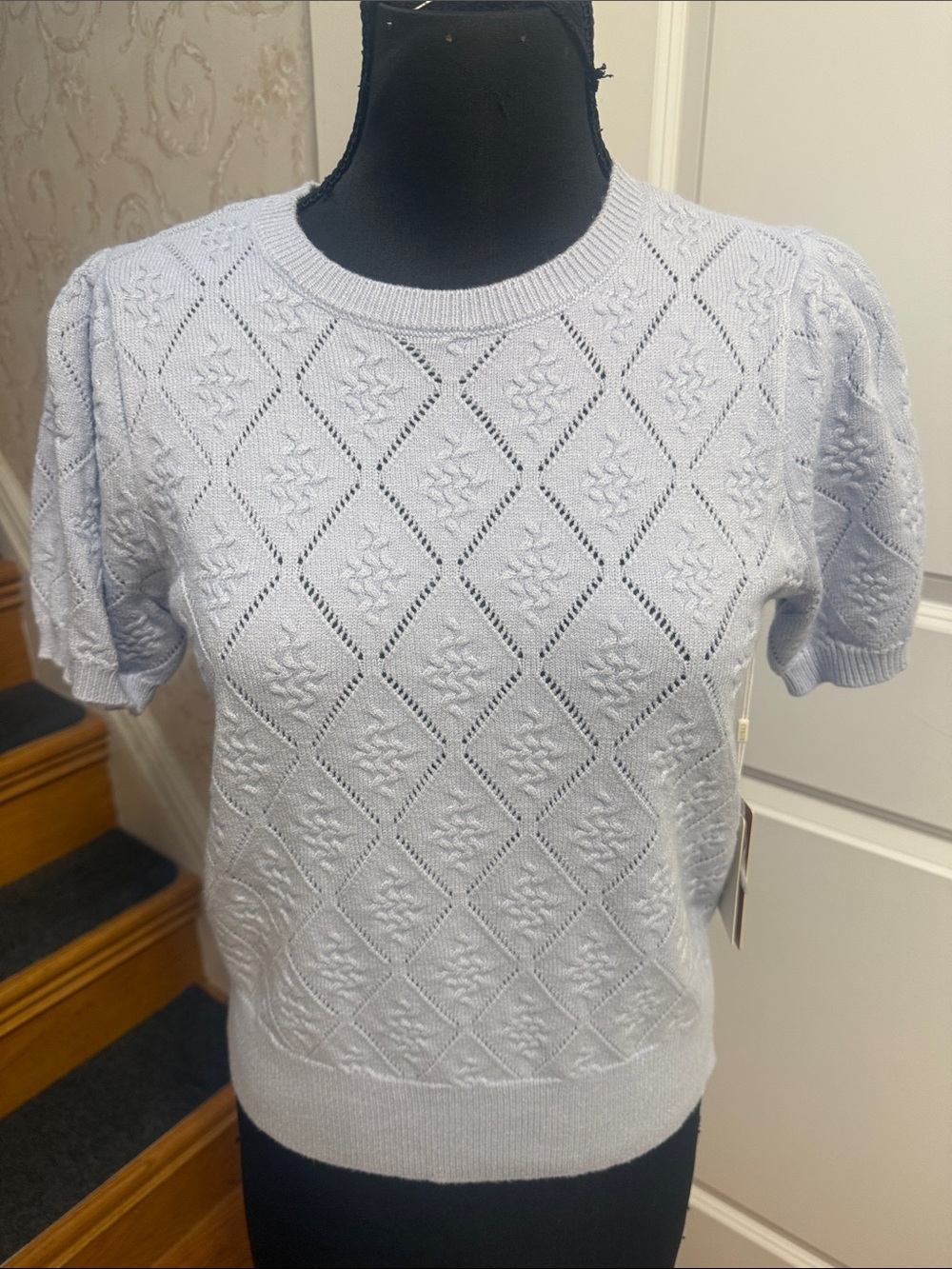 NWT Cyrus Light Blue Diamond Knit Short-Sleeve Top